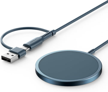 JSAUX Magnetic Wireless Charger for iPhone 17 MagSafe Charger, Magnetic Charger for iPhone 17 Air Pro Max/16/15/14/13/12/Airpods, Aluminum Alloy, USB & USB C Dual Ports, Mag Wireless Charging Pad-Blue
