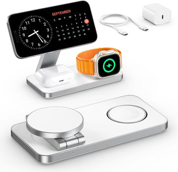 Keepro 3 in 1 Wireless Charging Station for iPhone Magnetic Portable, Fast Wireless Charger Stand for iPhone Air/17/16/15/14/13/12, AirPods Pro 3 2 Apple Watch (Adapter Included)-White