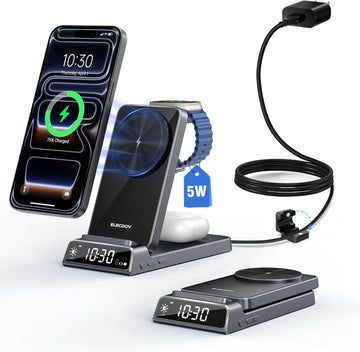 Wireless Charger for Apple, Magnetic 3 in 1 Charging Station with Clock, Foldable Travel Wireless Charging Stand for iPhone 17/17 Pro/17 Pro Max/16/15, Watch Charger for iWatch 10/AirPods 4/3