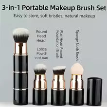 3-in-1 Mini Makeup Brush Set Detachable Portable with Dust Cover for Foundation Powder Blush and Sponge Head Make Up Tools